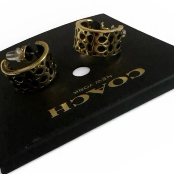 Coach Women's Gold and Black Mini Hoop Earrings - Picture 3 of 3